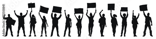 Crowd holding signs and flags in protest, vector illustration. Group of activists raising fists and banners in peaceful demonstration for social causes.