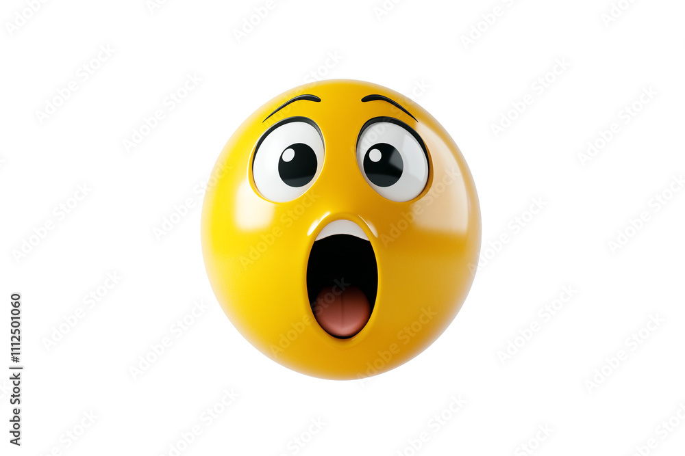 Fototapeta premium 3D cartoon surprised face emoji with wide eyes and open mouth, expressing shock or amazement. bright yellow emoji is isolated on white background, conveying playful and fun emotion