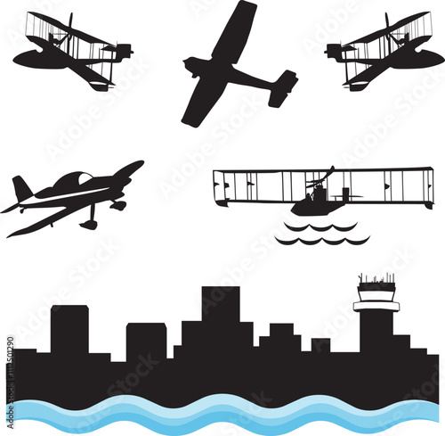 Historic and new airplanes and waterfront airport vector art
