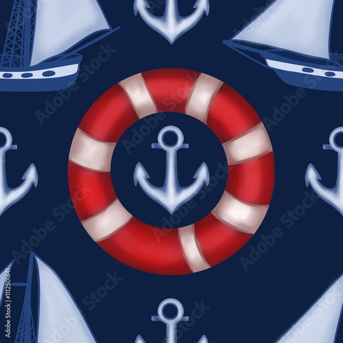 Seamless Pattern: Small Anchor, Wind Rose, Lifebuoy, and Ship on Gray Background