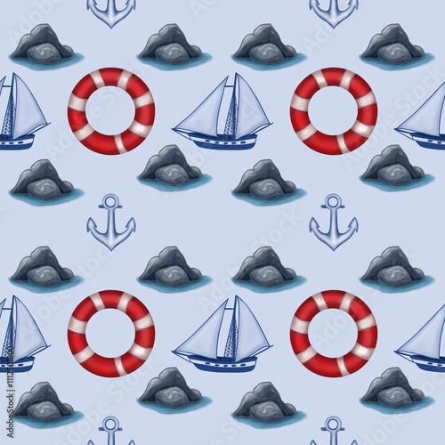 Seamless Pattern: Small Anchor, Ship, and Lifebuoy on Light Blue Background