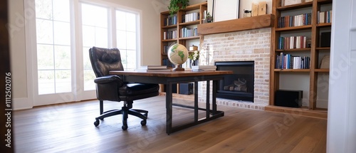 Modern office space with a desk, chair, and bookshelf decor.