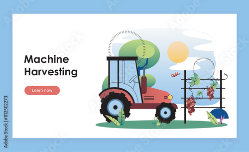 Machine harvesting landing page. Tractor near fence with grape. Harvesting, farming and agriculture. Equipment for agronomy. Flat vector illustration