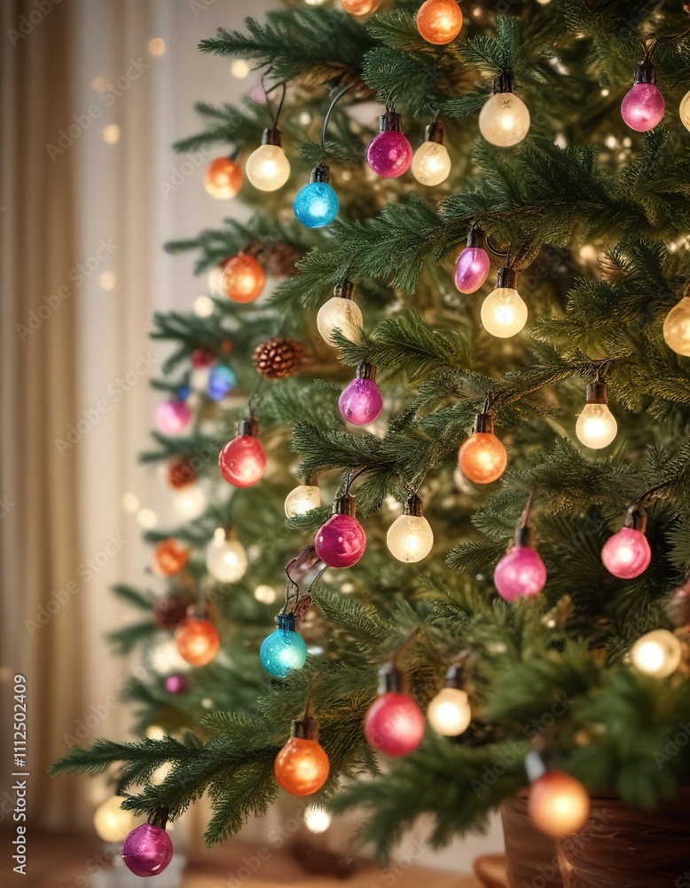 Fototapeta premium A beautifully decorated Christmas tree is bathed in the soft glow of colorful light bulbs with bokeh effect , holiday cheer, twinkling decorations, christmas tree