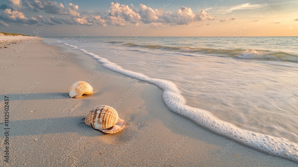 The early morning light casting long shadows on the sand, with a few scattered seashells and the horizon glowing in soft hues The early morning light casting long shadows on the sand, with a few scattered seashells and the horizon glowing in soft hues