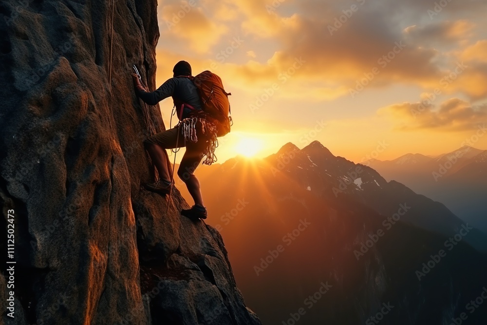 A silhouette of man climbing on rocky mountain on sunset A silhouette of man climbing on rocky mountain on sunset