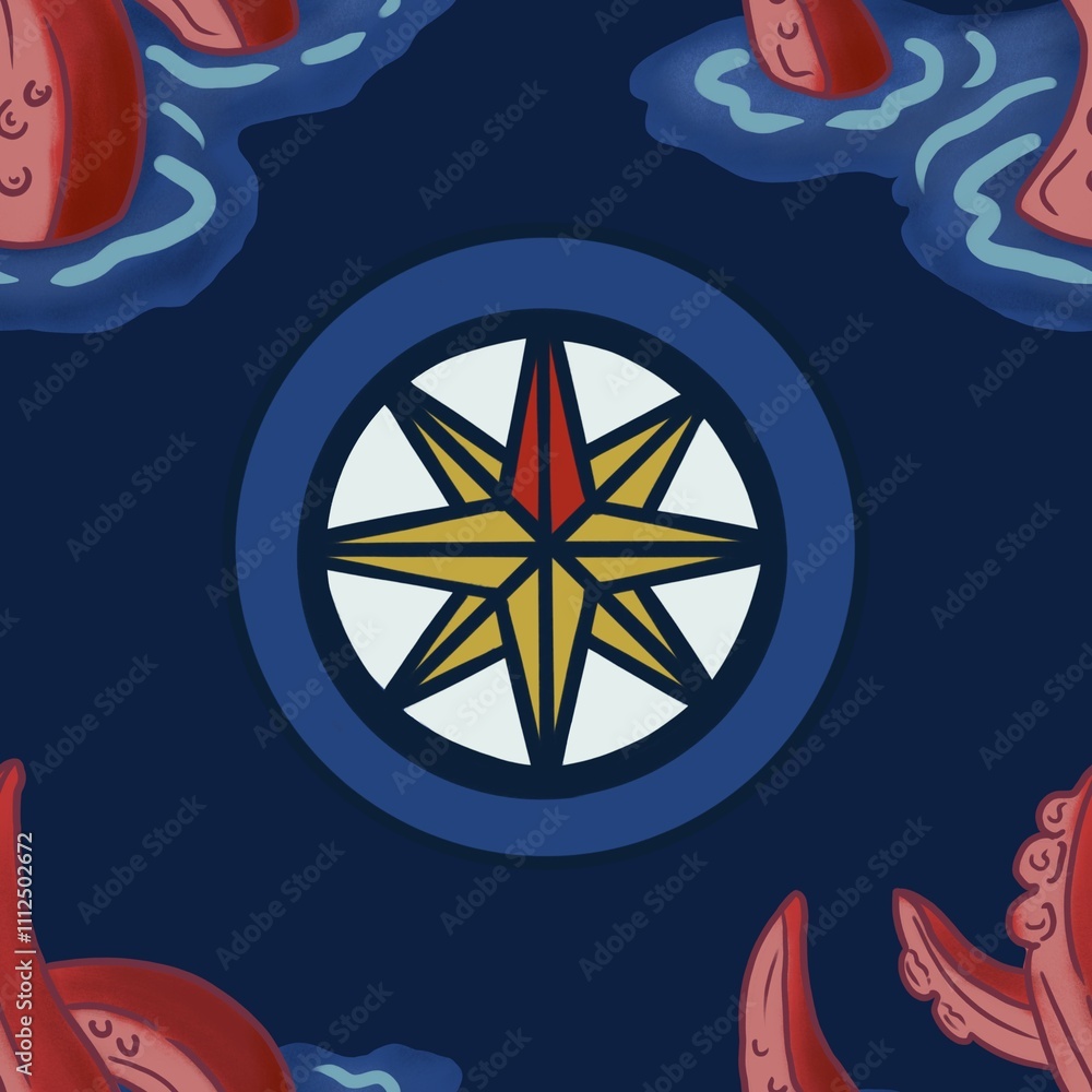 Seamless Pattern: Big Tentacles and Wind Rose on Blue and Black Background Seamless Pattern: Big Tentacles and Wind Rose on Blue and Black Background