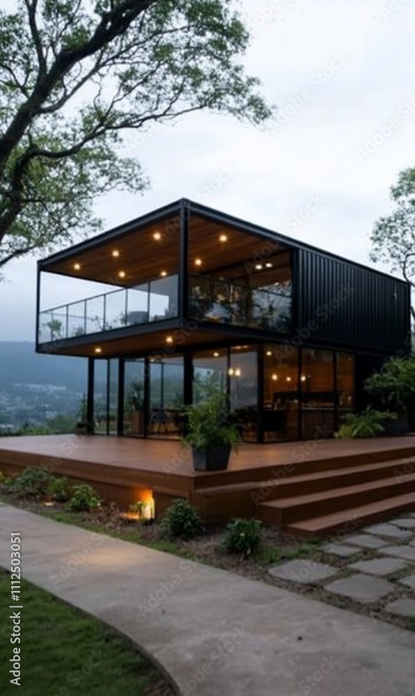 Modern two-story house with large windows and a scenic view. Modern two-story house with large windows and a scenic view.