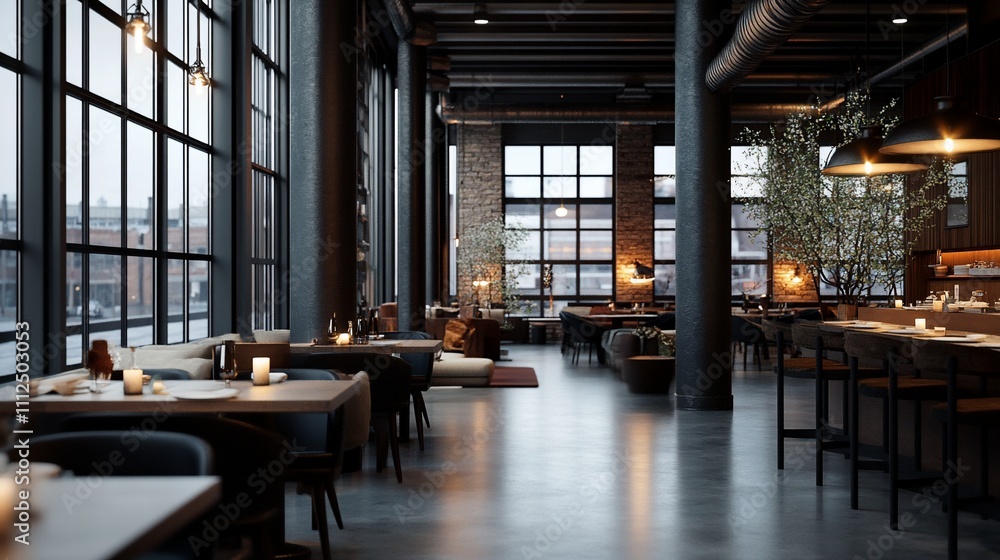 Modern restaurant interior with large windows and cozy seating. Modern restaurant interior with large windows and cozy seating.