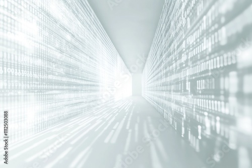 Futuristic white digital tunnel with binary code, symbolizing data transfer, technology, and advanced communication
