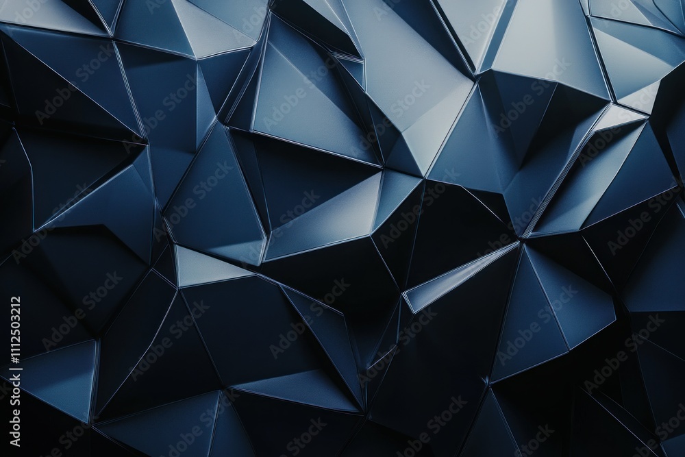 Abstract 3D polygonal surface in dark blue tones, emphasizing geometric design, technology, and minimalism Abstract 3D polygonal surface in dark blue tones, emphasizing geometric design, technology, and minimalism