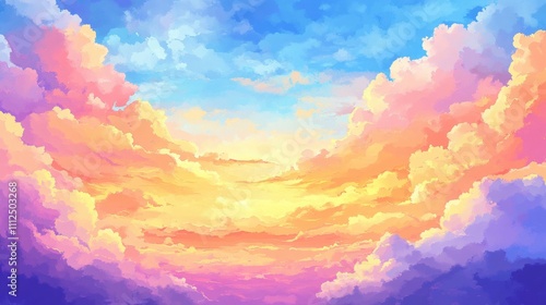 Sunset over colorful clouds digital art vibrant sky peaceful atmosphere aerial view serenity