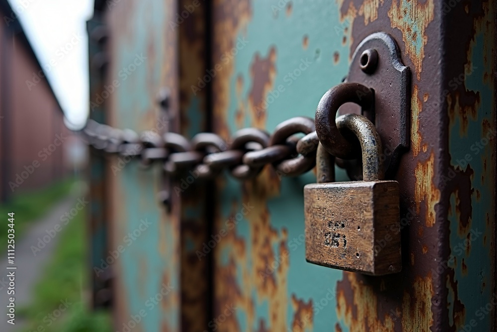 Closed factory gate with chain and padlock, symbolizing the end of an era and the transition to new beginnings. Industrial decline and the shift towards modernization and renewal. Closed factory gate with chain and padlock, symbolizing the end of an era and the transition to new beginnings. Industrial decline and the shift towards modernization and renewal.