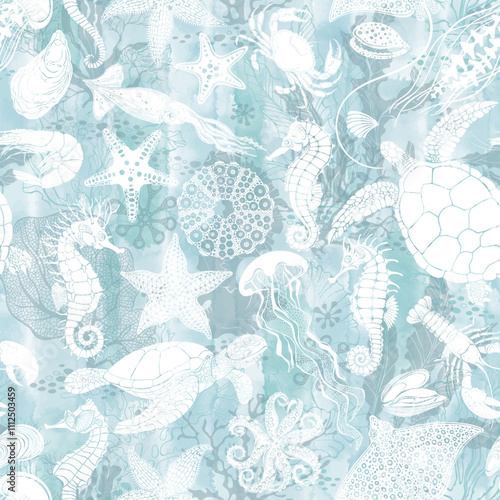 Sea animals, seaweed on a blue watercolor background. Art seamless pattern on a marine theme. Vector.  Perfect for design templates, wallpaper, wrapping, fabric and textile. photo