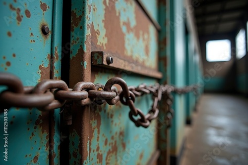 Closed factory gate with chain and padlock, symbolizing the end of an era and the transition to new beginnings. Industrial decline and the shift towards modernization and renewal. photo