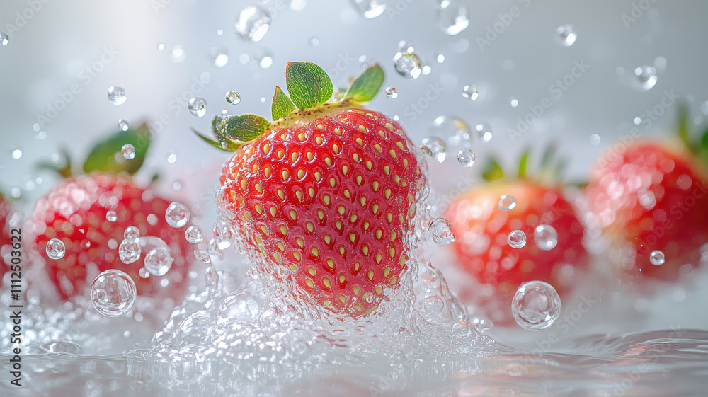 A close up of a strawberry in a pool of water. The water is bubbling and the strawberry is surrounded by a lot of water droplets A close up of a strawberry in a pool of water. The water is bubbling and the strawberry is surrounded by a lot of water droplets
