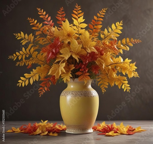 A bouquet of yellow autumn leaves with subtle red undertones in a traditional ceramic vase, yellow leaves, fall color palette, natural elements photo