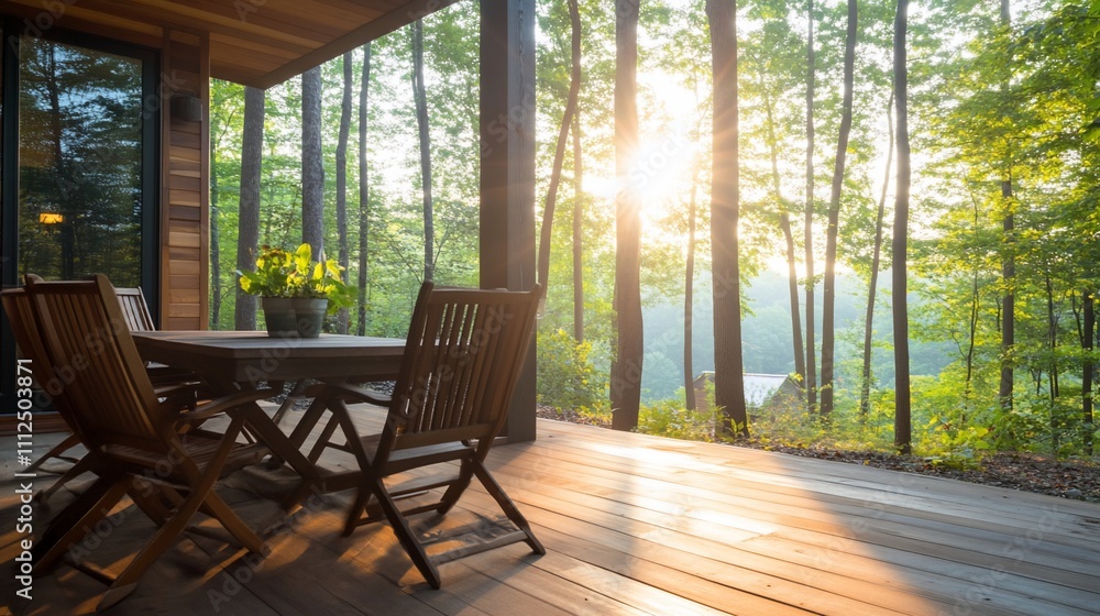 Serene outdoor dining area with a forest view at sunrise. Serene outdoor dining area with a forest view at sunrise.