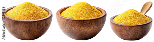 Varieties of yellow cornmeal in wooden bowls
