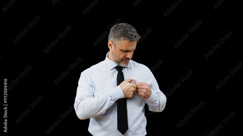 © Synthex - Happy politician wearing a vote button smiles, campaigning on a black background