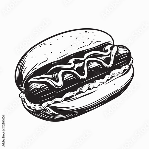 Hot Dogs Ketchup Mustard Image vector. Black and white Hot Dogs Ketchup Mustard isolated on white background.
