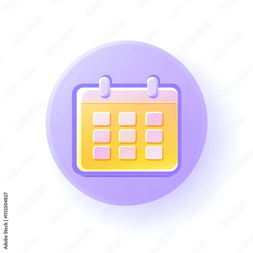 Yellow calendar icon in purple circle. Yellow calendar icon in purple circle.