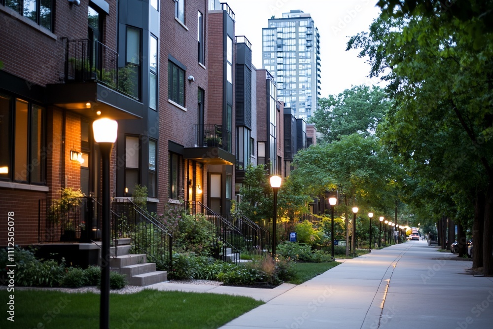 Urban residential street with modern buildings and streetlights. Urban residential street with modern buildings and streetlights.
