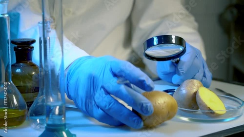 Scientist examines potatoes in laboratory. Food safety laboratory procedure, analysing food from the market.