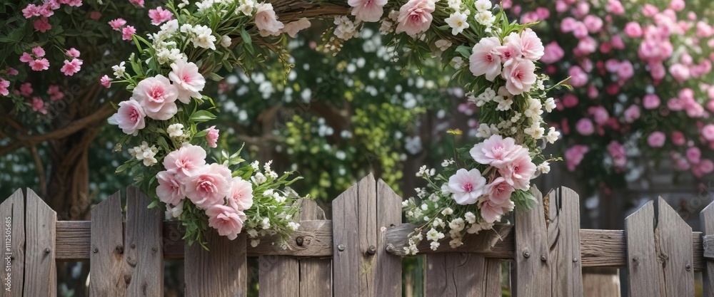 Fototapeta premium A delicate, white-colored floral wreath on a wooden fence with pink flowers, white ribbon, spring flowers