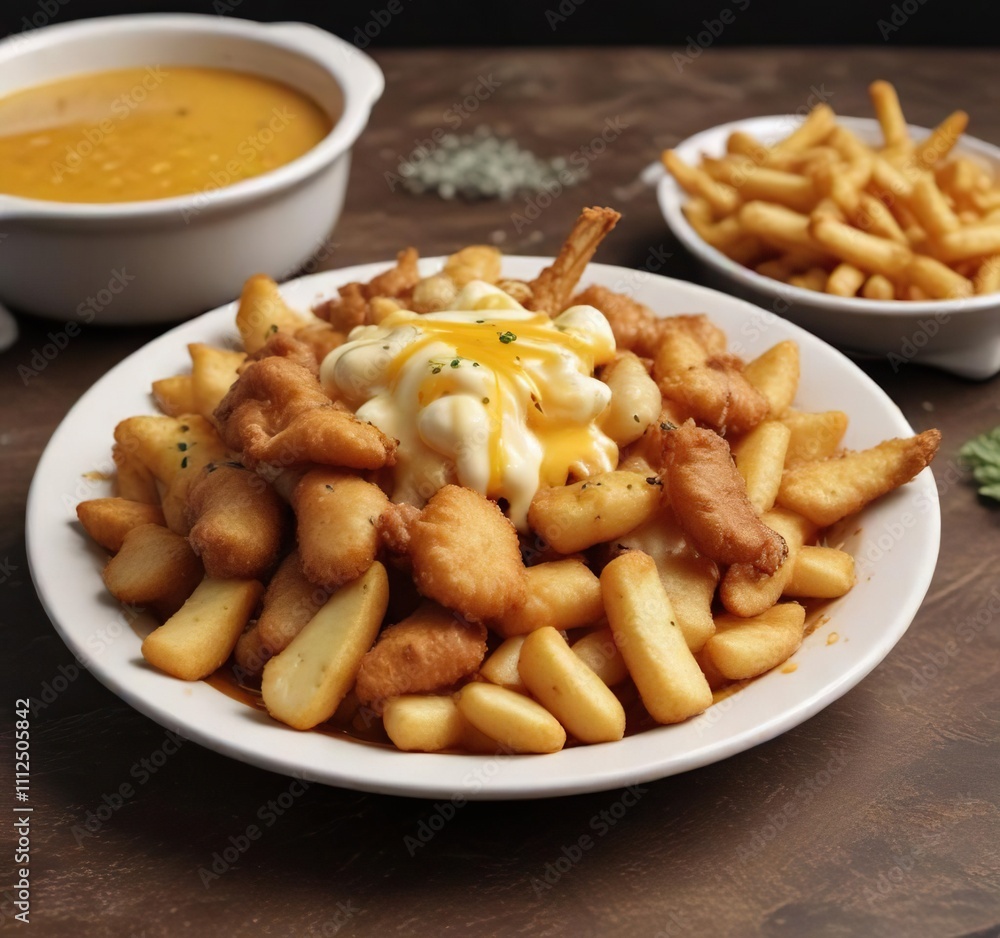 A dish filled with crispy fries, melted cheese curds, and savory gravy , satisfying meal, delicious food, appetizing platter A dish filled with crispy fries, melted cheese curds, and savory gravy , satisfying meal, delicious food, appetizing platter