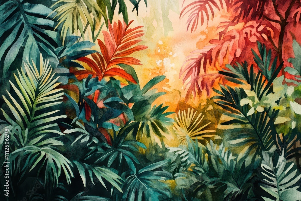 Artistic depiction of dense jungle foliage in a vibrant watercolor palette, tropical and exotic side view Artistic depiction of dense jungle foliage in a vibrant watercolor palette, tropical and exotic side view