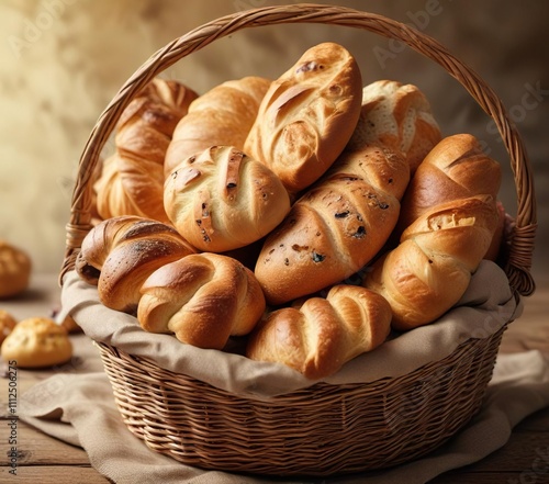 A colorful arrangement of freshly baked breads and pastries in a wicker basket, healthy breakfast options , artisanal bread, breakfast favorites photo