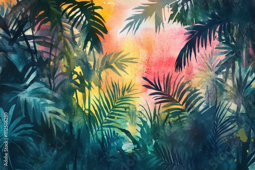 Artistic depiction of dense jungle foliage in a vibrant watercolor palette, tropical and exotic side view