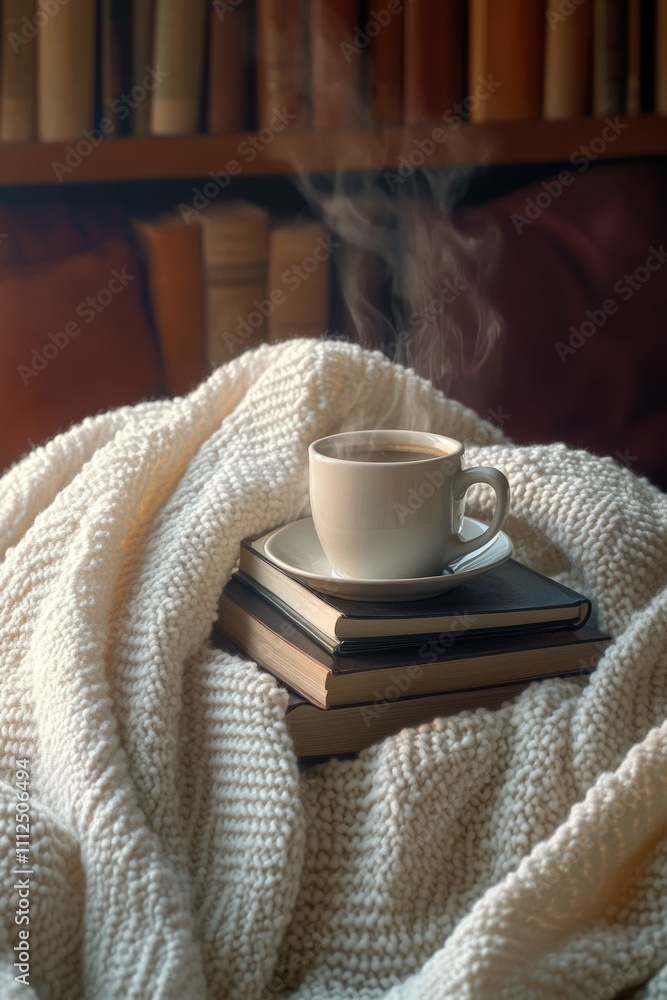 A person's morning routine with a cup of coffee and book stack A person's morning routine with a cup of coffee and book stack