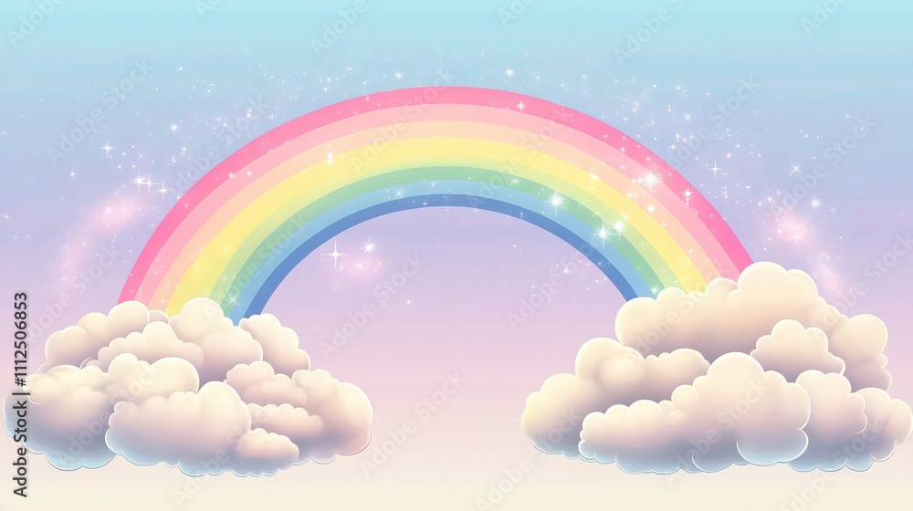 Soft pastel rainbow arching over large, puffy clouds in kawaii style, with twinkling stars and a faint pink glow around the edges. Soft pastel rainbow arching over large, puffy clouds in kawaii style, with twinkling stars and a faint pink glow around the edges.