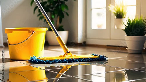 Yellow Mop and Bucket on Gleaming Tiled Floor in Bright Room

 photo