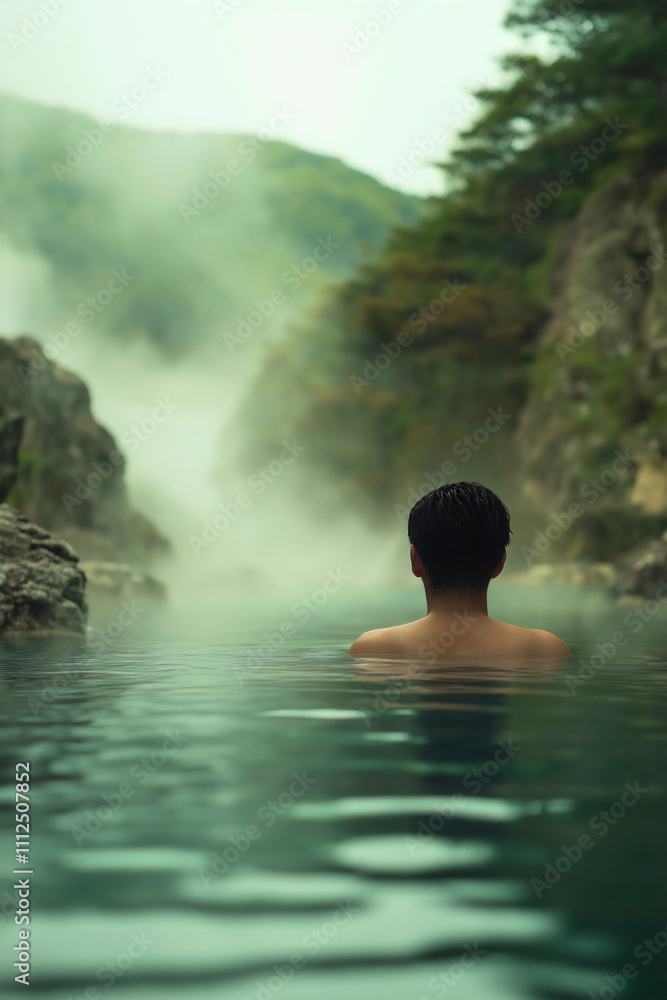 Obraz premium Man swimming in foggy lake at dawn, winter cold water therapy scene, tranquil nature outdoor bathing moment