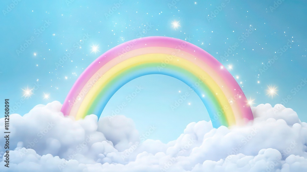 Kawaii style 3D rainbow arch stretching over fluffy pastel clouds with sparkling stars around, set against a bright blue sky, soft gradient hues blending throughout the scene for a dreamy atmosphere, Kawaii style 3D rainbow arch stretching over fluffy pastel clouds with sparkling stars around, set against a bright blue sky, soft gradient hues blending throughout the scene for a dreamy atmosphere,