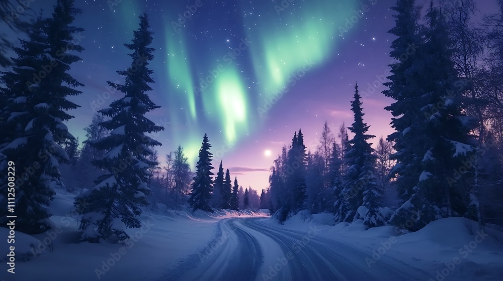 Picturesque snowy forest under tall pines and clear moon image Picturesque snowy forest under tall pines and clear moon image