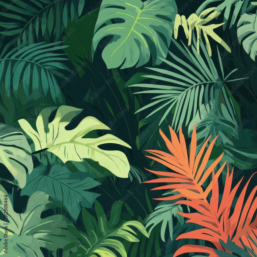 Dense vegetation, tropical patterns, flat design illustration Dense vegetation, tropical patterns, flat design illustration