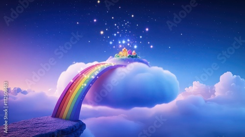 Kawaii rainbow bridge leading to a magical floating island on top of a cloud, with stars twinkling around and the deep blue sky turning into night with a soft purple hue. photo