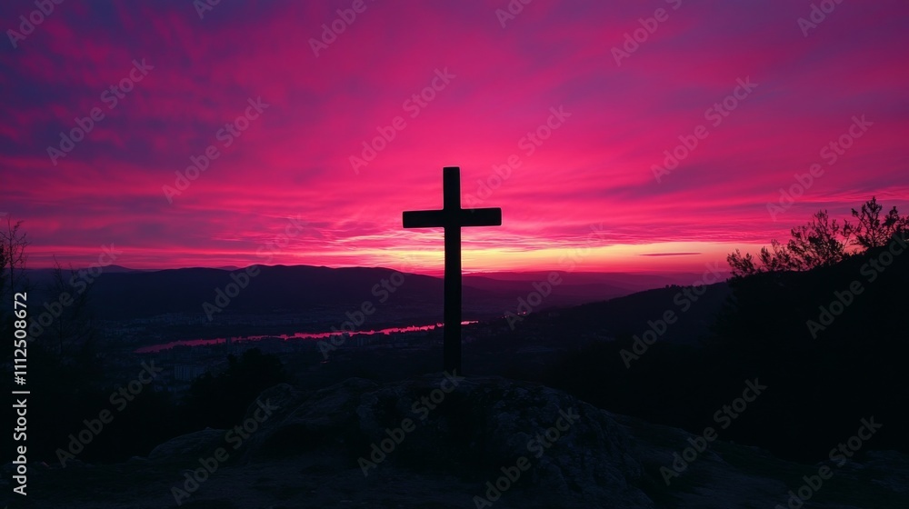 Crimson Sunset Cross atop a Mountain Crimson Sunset Cross atop a Mountain