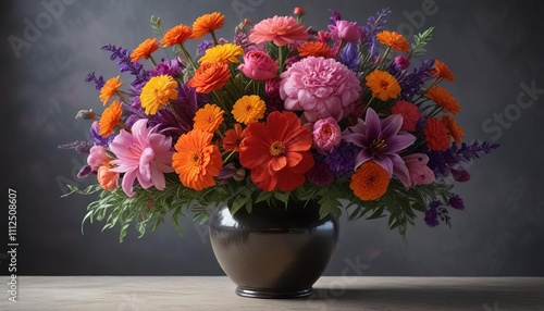 Wallpaper Mural A mix of colorful flowers including roses red, orange marigolds, pink peonies, and purple lilies arranged in a large vase, outdoor arrangement, vibrant colors, garden flowers Torontodigital.ca