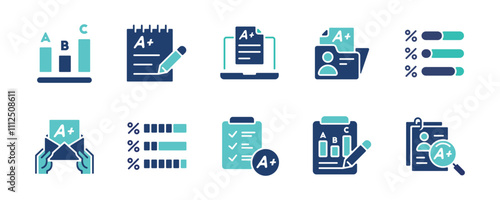 quiz exam score grade icon set questionnaire evaluation result data analysis signs vector illustration