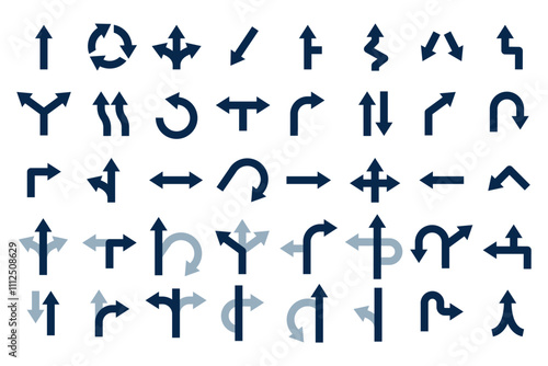 Road arrows. Navigation arrow for traffic, direction marks and routs. Black location points, trail signs turning straight right left, recent vector set