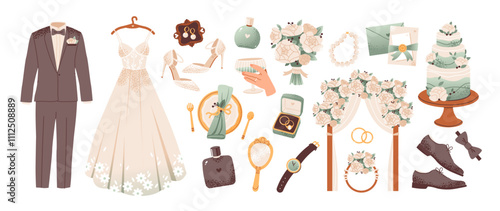 Wedding set with romantic bridal dress, jewelry, flowers, cake, and rings. Flat vector illustration.