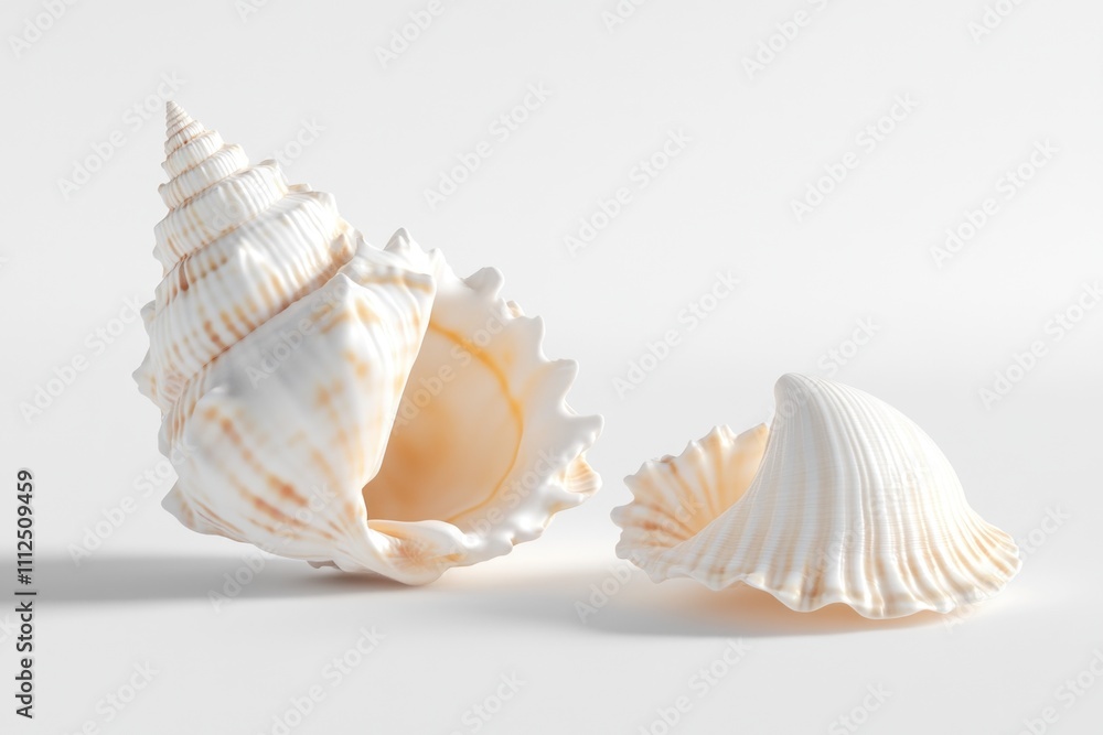 A pair of seashells resting on a white background, ideal for designs and compositions A pair of seashells resting on a white background, ideal for designs and compositions