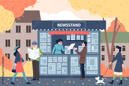 City street newsstand. People buy newspapers, adults reading magazines. Men women read daily news in paper newspaper, flat recent vector scene