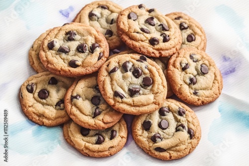 A pile of freshly baked chocolate chip cookies on a wooden table, perfect for snacking or serving guests