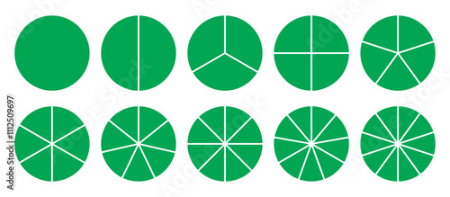 Infographic icons circles set divided radius in green color vector image. Segments of circle with 1 to 10 pieces. Green round diagram. Divided circle sections set.